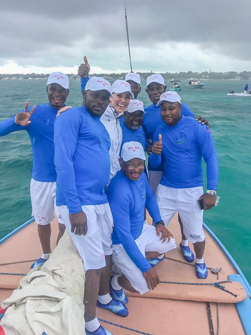 Thumbs up: Kate Middleton, Duchess of Cambridge, celebrates with the crew of Bahamian Sloop Ants Nest II. L-R: Keith Rolle, Joseph Brown Jr., Kate, Desmond Pinder, Samuel Rolle, Back: Joseph Brown Sr., Lee Armbrister, and James Wallace photo copyright Ants Nest II taken at Nassau Yacht Club and featuring the Classic Yachts class