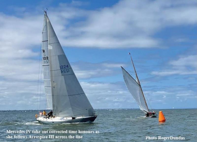 Mercedes IV takes out Race two CYAA 2025 Summer Series as she follows Acrospire III across the line photo copyright David Taylor / RMYS taken at Royal Yacht Club of Victoria and featuring the Classic Yachts class
