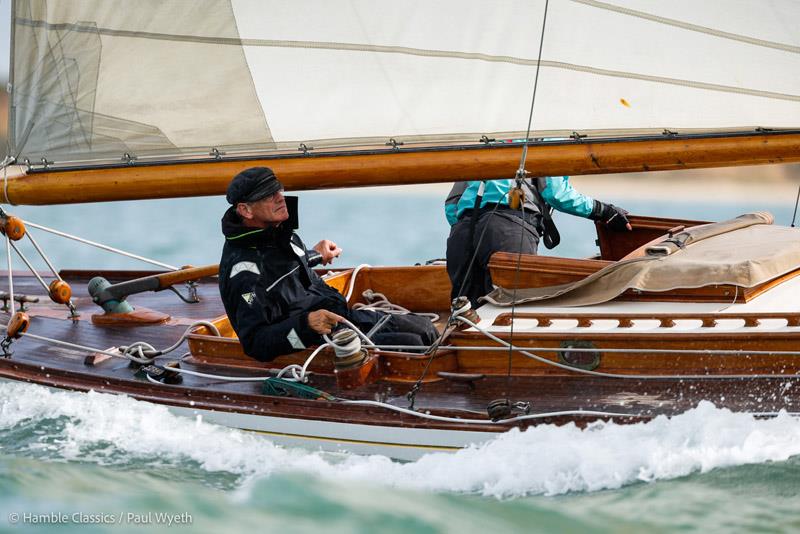 Michael Briggs steering Mikado - 10th Hamble Classics Regatta photo copyright Paul Wyeth / www.pwpictures.com taken at Hamble River Sailing Club and featuring the Classic Yachts class