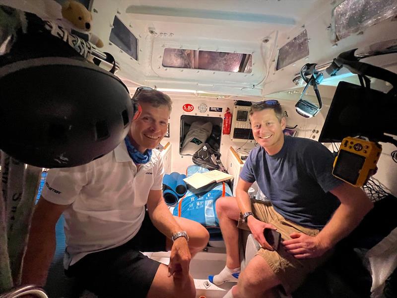 McIntyre Globe 580 Transat: Keri Harris, left, on board ORIGAMI 47 with the original builder, Peter Kenyon, who raced in the first 2021, 580 TRANSAT and produced an epic YouTube film about his experience photo copyright JJ / G580Transat / MGR taken at  and featuring the Class Mini 5.80 class