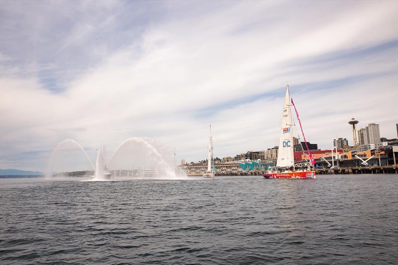 Water salute for the fleet - Clipper Race 11 photo copyright Jean-Marcus Strole Photography taken at  and featuring the Clipper 70 class