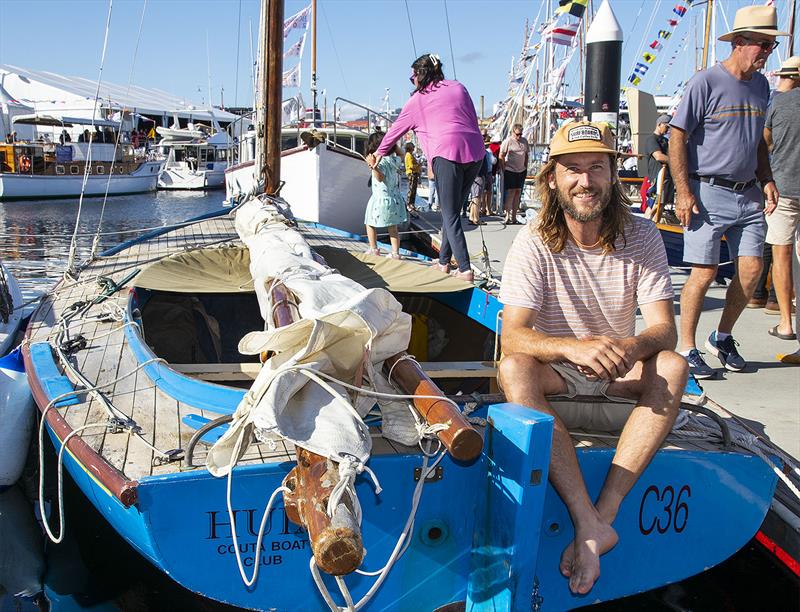 Nick Jaffe aboard Huia at the 2023 Australian Wooden Boat Festival photo copyright John Curnow taken at  and featuring the Couta Boat class