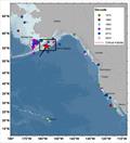 Locations of all eastern North Pacific right whale sightings by decade since 1970. On average only a few whales are seen each year. The 2023 sightings location is represented by the red star