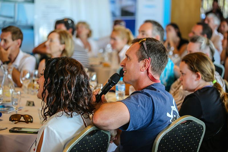 Outremer 45 Syndicate at packed Sailing La Vagabonde Lunch  photo copyright Multihull Centra taken at Royal Queensland Yacht Squadron and featuring the Cruising Yacht class