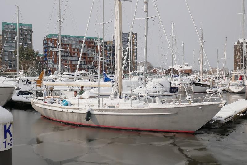 Snow on the decks and ice in the water. Sentijn. John and Kara Pennington and baby Dean below in the warm - photo © SV Taipan