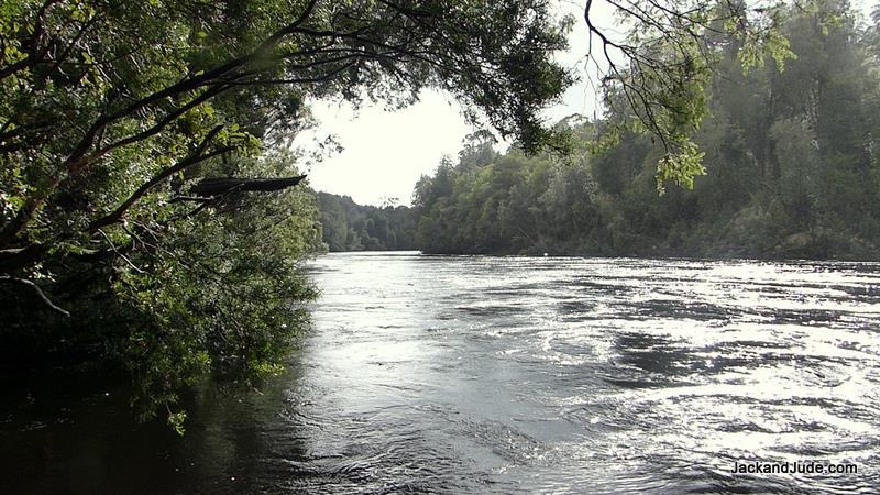 Arriving at the Sandstone Camp, the Gordon River was running fast around the outside bend. - photo © Jack and Jude