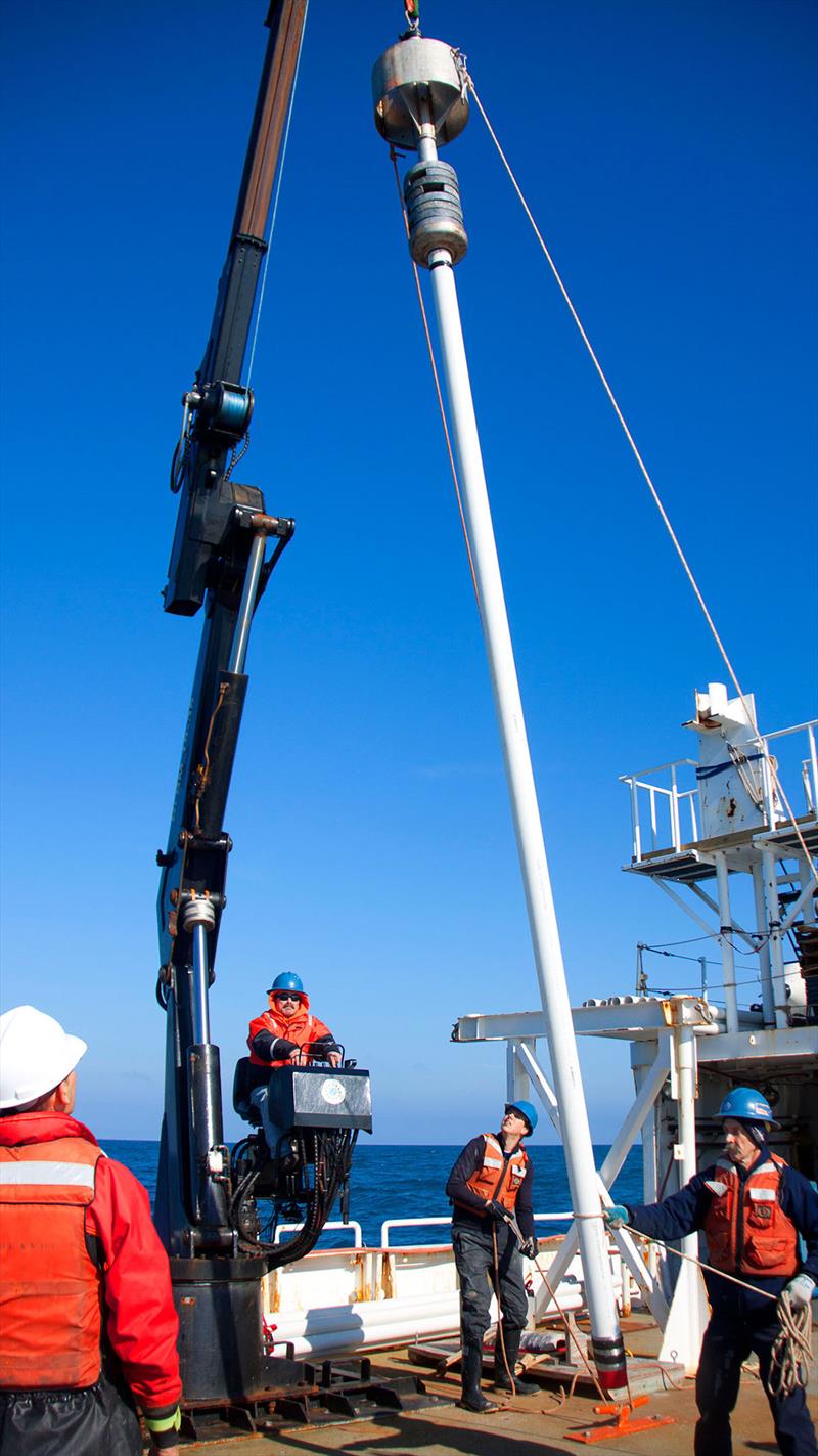 A crew retrieves a sediment core drilled from seafloor. A new study provides first comprehensive analysis of ocean-based sediment records to demonstrate that Atlantic Ocean's overturning circulation began to weaken near the end of Little Ice Age photo copyright Ian Hall, Cardiff University taken at  and featuring the Cruising Yacht class