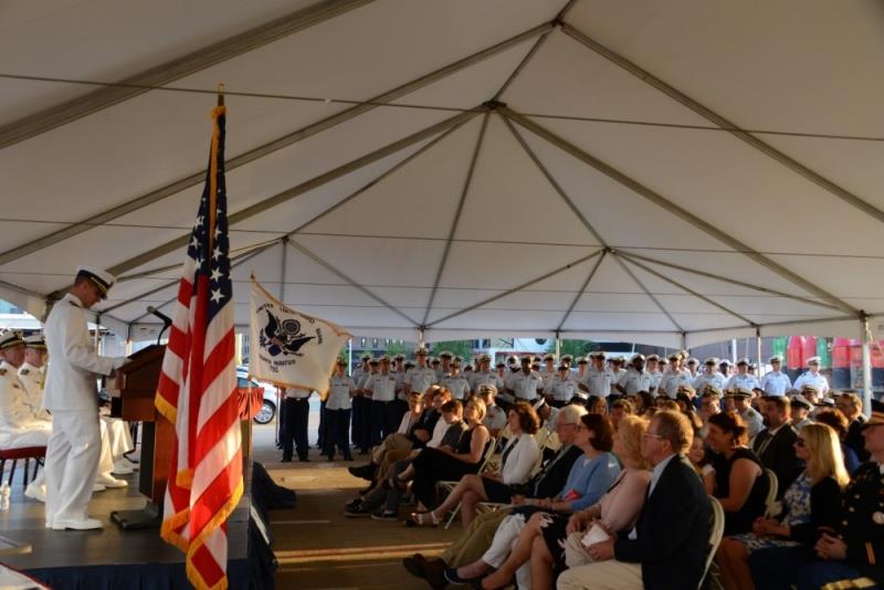 Cmdr. John J. Christensen, incoming Commanding Officer of Coast Guard Cutter Seneca, speaks during the change of command ceremony, Thursday, May 24, 2018, in Boston, Massachusetts. - photo © U.S. Coast Guard / Lara Davis