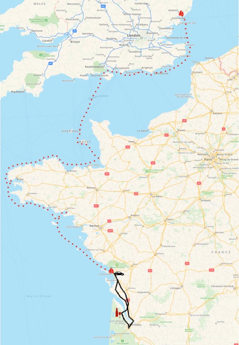 Our travels this year England to France (red dots in boat) and black track is our road trip from La Rochelle to Bordeaux - photo © SV Red Roo