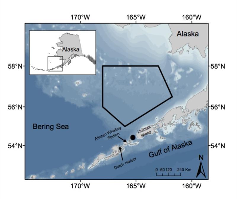 Southeast Bering Sea and Aleutian Island Chain. The black line demarcates the Southeast Bering Sea North Pacific right whale Critical Habitat. The black circle marks the location of the long-term passive acoustic recorder in Unimak Pass photo copyright NOAA Fisheries taken at  and featuring the Cruising Yacht class