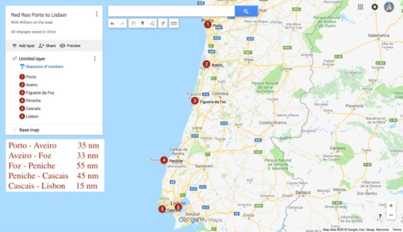 Our stops on the Porto to Lisbon passage; Averio (anchor), Figueira da Foz (marina), Peniche (anchor), Cascais (anchor) and Lisbon (marina) photo copyright SV Red Roo taken at  and featuring the Cruising Yacht class