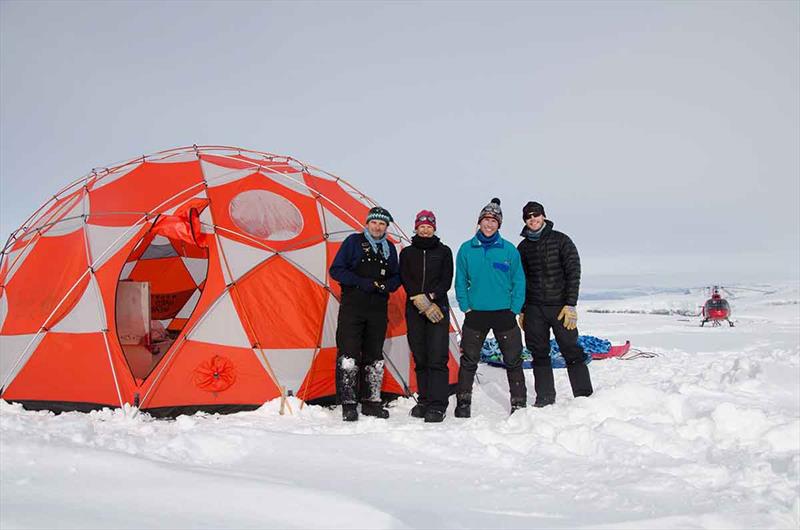 Drilling field team in Greenland (left-right): Mike Waszkiewicz (U.S. Ice Drilling Program), Dr. Sarah Das, Matt Osman, Dr. Luke Trusel (all WHOI) - photo © Sarah Das, Woods Hole Oceanographic Institution