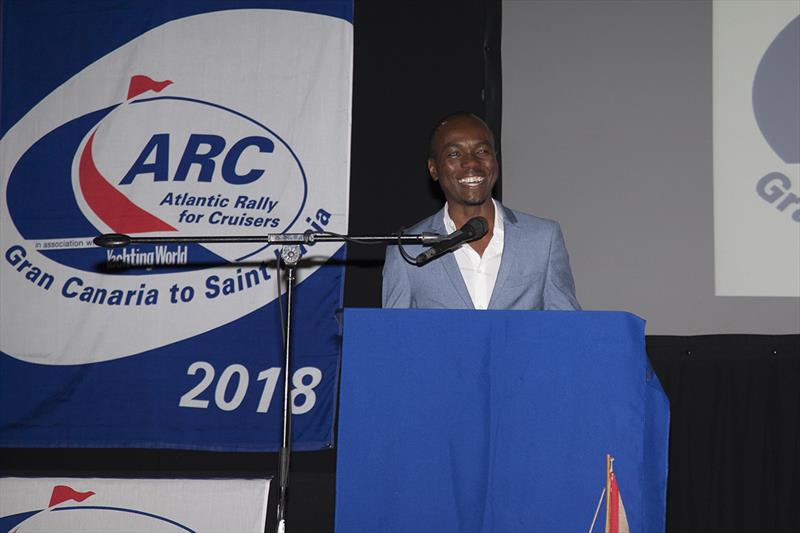 2018 ARC - Prize-giving - Hon. Dominic Fedee, Minister for Tourism, Information and Broadcasting gave an enthusiastic speech highlighting the importance of the rally to the island and the exciting developments in store for Saint Lucia in the future photo copyright Clare Pengelly taken at  and featuring the Cruising Yacht class
