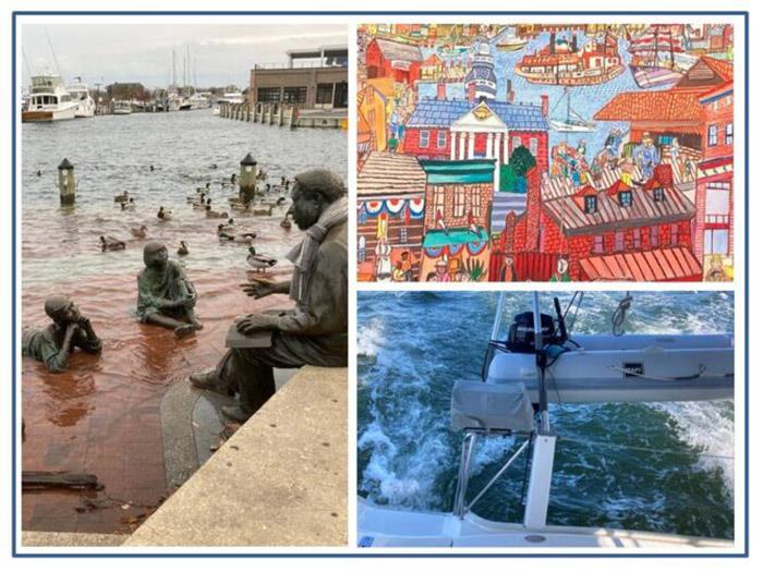 A trial sail up the Chesapeake from Deltaville to Annapolis helped iron out some issues and get away from the docks. A king tide in the Chesapeake floods the harbour front statues of Alex Hailey (Roots Author) shown reading his book to young students. A large wall mural and the foaming wake as Oh! sails back south in the clouded and cold waters of the Chesapeake Bay. - photo © Rod Morris