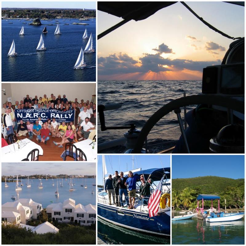 NARC boats leave Newport Harbor for 650nm leg to Bermuda, 1st stop on NARC; sunset offshore; Carribean paradise awaits in St. Maarten; crew of Namaste about to depart Newport; St. George's Harbor in Bermuda; crews from NARC gather for a banquet in Bermuda - photo © David Lyman