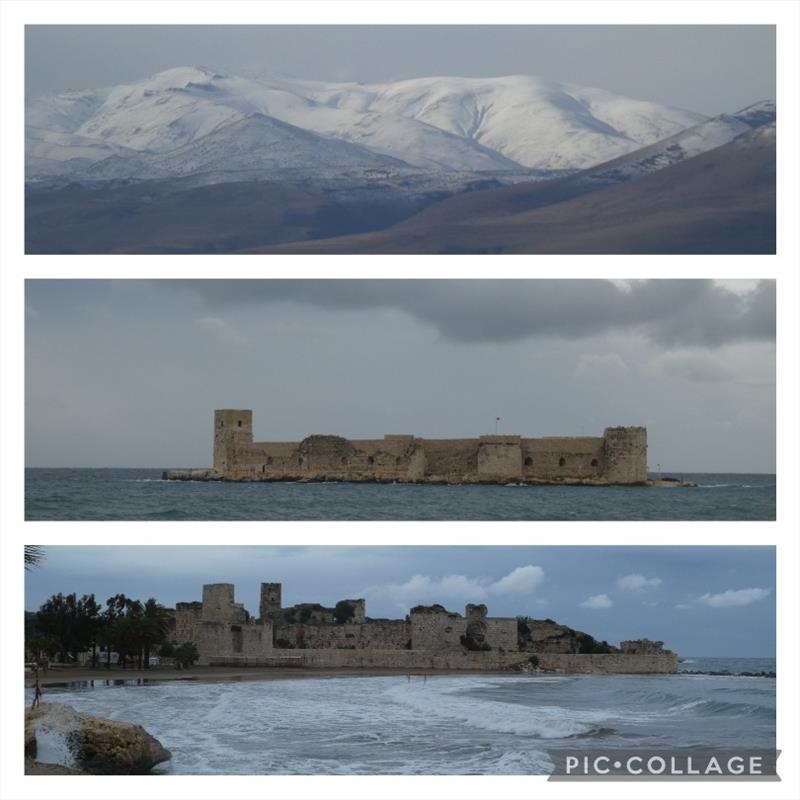 Leaving the snow capped hills inland and arriving at the Southern coast of Turkey to castle ruins in the sea - photo © SV Red Roo