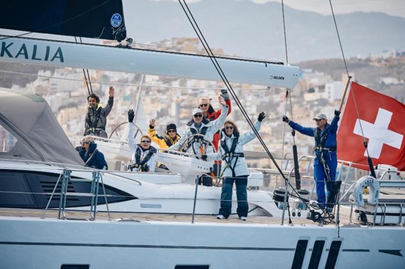 Kalia (CHE) crew excited at the start - ARC January 2022 photo copyright WCC / James Mitchell taken at  and featuring the Cruising Yacht class
