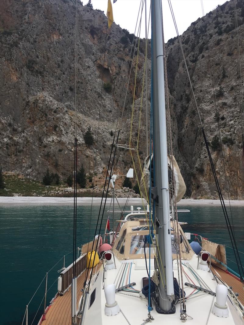 First night back in Greece, anchored on the island of Symi at Agios Georgios under the huge rock cliffs photo copyright SV Red Roo taken at  and featuring the Cruising Yacht class
