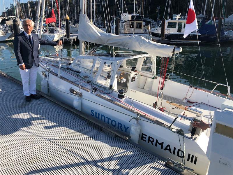 Kenichi Hori and Suntory Mermaid III at the San Francisco Yacht Club in Tiburon, Calif. before sailing from San Francisco to Chiba, Japan photo copyright Latitude 38 taken at Cruising Club of America and featuring the Cruising Yacht class