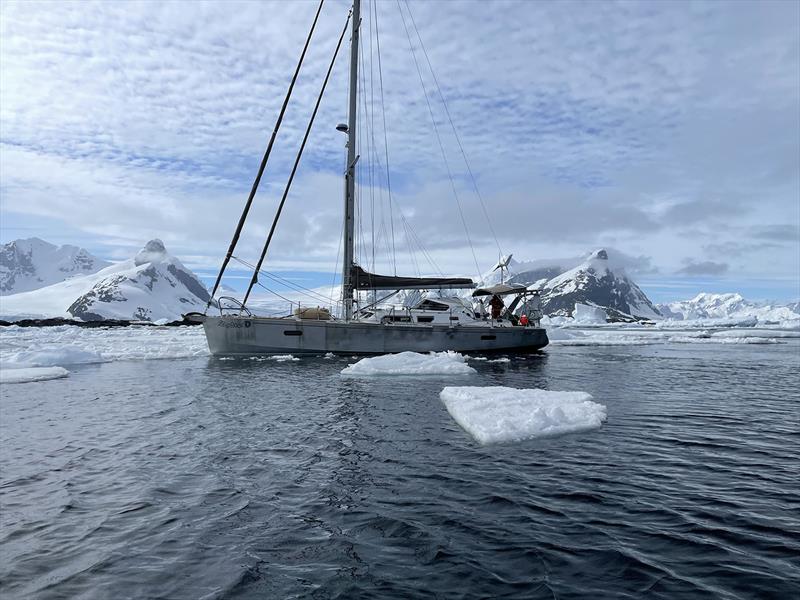 Cuverville, Antarctica. Looking out at SV Zephyros and the Gerlache Strait. January 2021 - photo © SV Zephyros