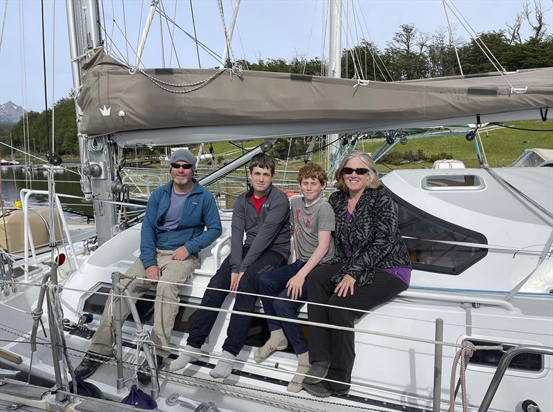 Puerto  Williams, Chile. Ready to depart for their 2nd trip to Antarctica: Jon, Ronan, Daxton and Megan (left to right) aboard SV Zephyros. January 2022 photo copyright SV Zephyros taken at  and featuring the Cruising Yacht class