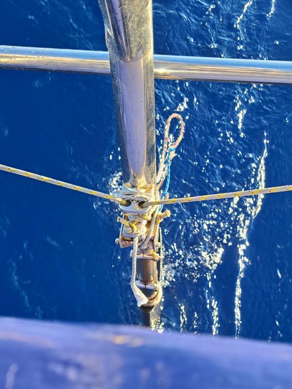 Our lashing on the windvane holding the rudder in position worked really well photo copyright Rhys Walters taken at  and featuring the Cruising Yacht class