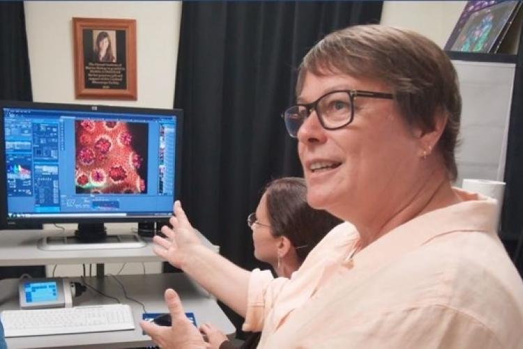 Dr. Ruth Gates explains the benefits of using an advanced microscope to image corals - photo © NOAA