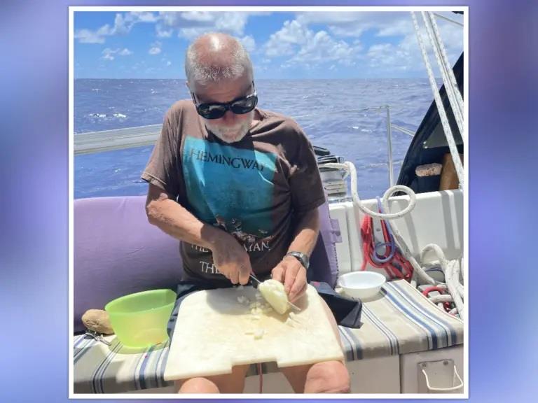 Chopping vegetables more safely by sitting on the leeward side of the boat photo copyright Brian Short taken at  and featuring the Cruising Yacht class