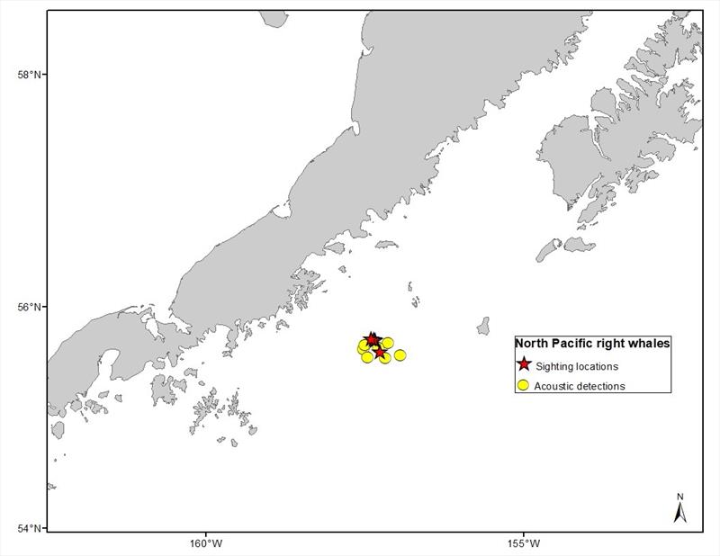 Close-up of 2023 sighting locations of four different eastern North Pacific right whales and the acoustic detections that led to the sightings photo copyright NOAA Fisheries taken at  and featuring the Cruising Yacht class