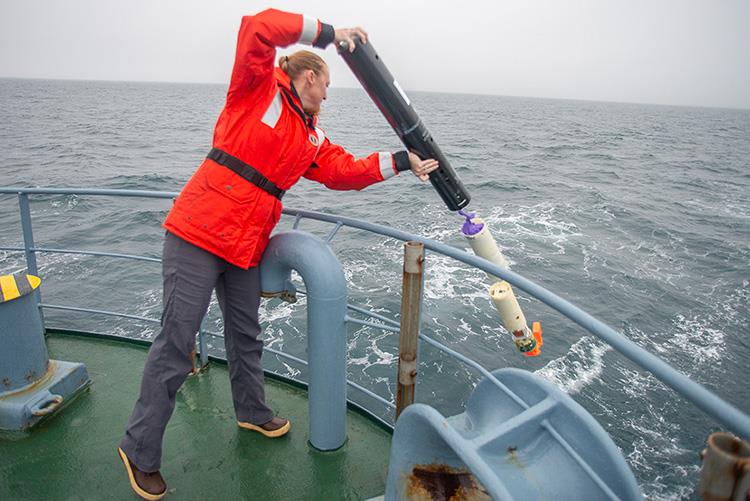 Jessica Crance deploys a sonobuoy during the 2023 whale survey - photo © NOAA Fisheries and International Whaling Commission/ Bernardo Alps, WildSea Inc.