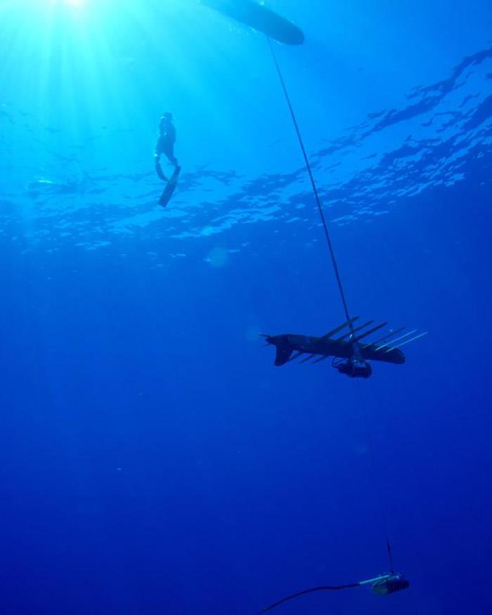 NOAA scientist Jamison Gove free dives on a Wave Glider off Hawai'i Island. The Wave Glider consists of a surface float, a subsurface glider with six wings, and a sub-mounted winch that vertically profiles the water column down to 150 meters - photo © Liquid Robotics