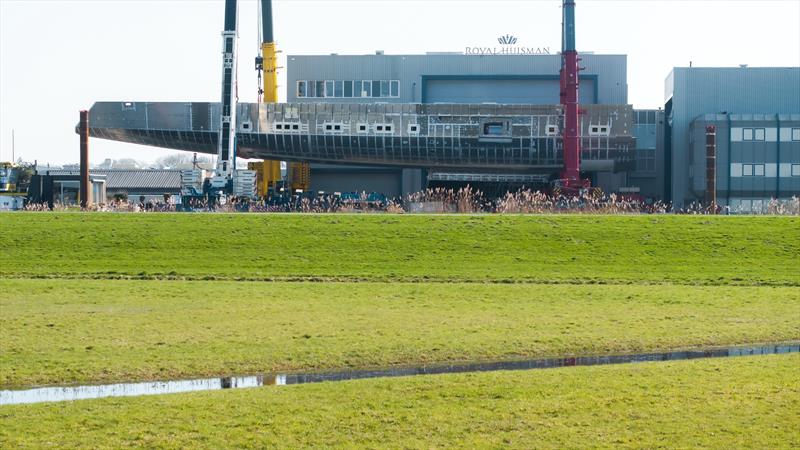 Project 412 during hull turning at Royal Huisman, Vollenhove photo copyright Royal Huisman taken at  and featuring the Cruising Yacht class