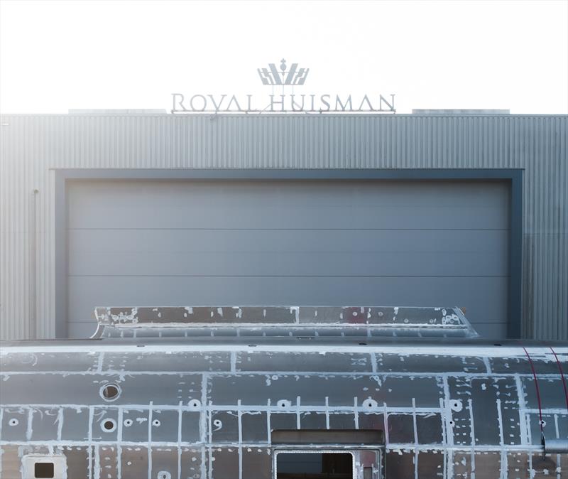 Project 412 rolling out of Hall 1 ahead of hull turning photo copyright Royal Huisman taken at  and featuring the Cruising Yacht class