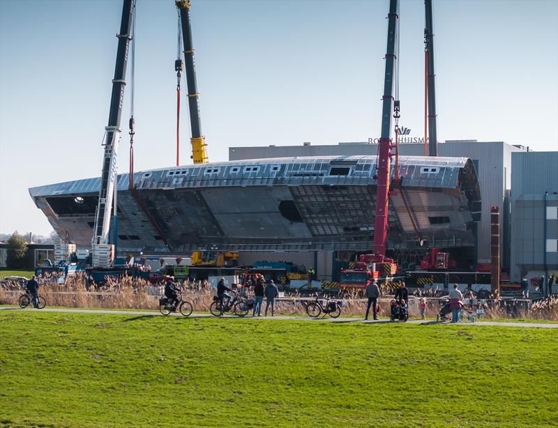Precision lifting and turning operation at the Vollenhove shipyard photo copyright Royal Huisman taken at  and featuring the Cruising Yacht class