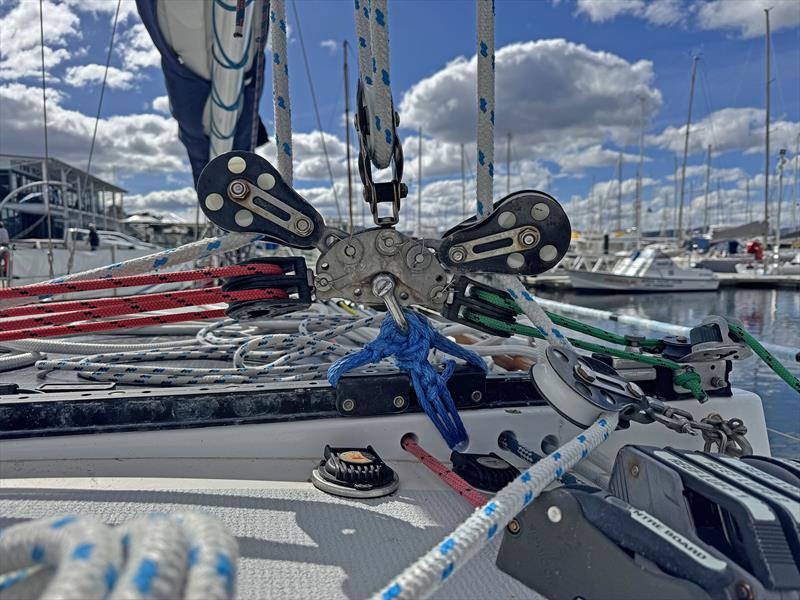 The jury rig on the main traveller car after breaking it during a Chinese gybe - Blue Moon II circumnavigation photo copyright Tristan Gourlay taken at Tamar Yacht Club and featuring the Cruising Yacht class