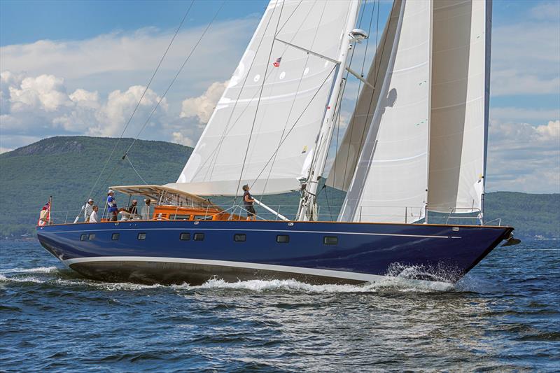 During sea trials, Ouzel shows off a powerful double-headsail sailplan, plus a series of hull ports to add light to the interior - photo © Billy Black