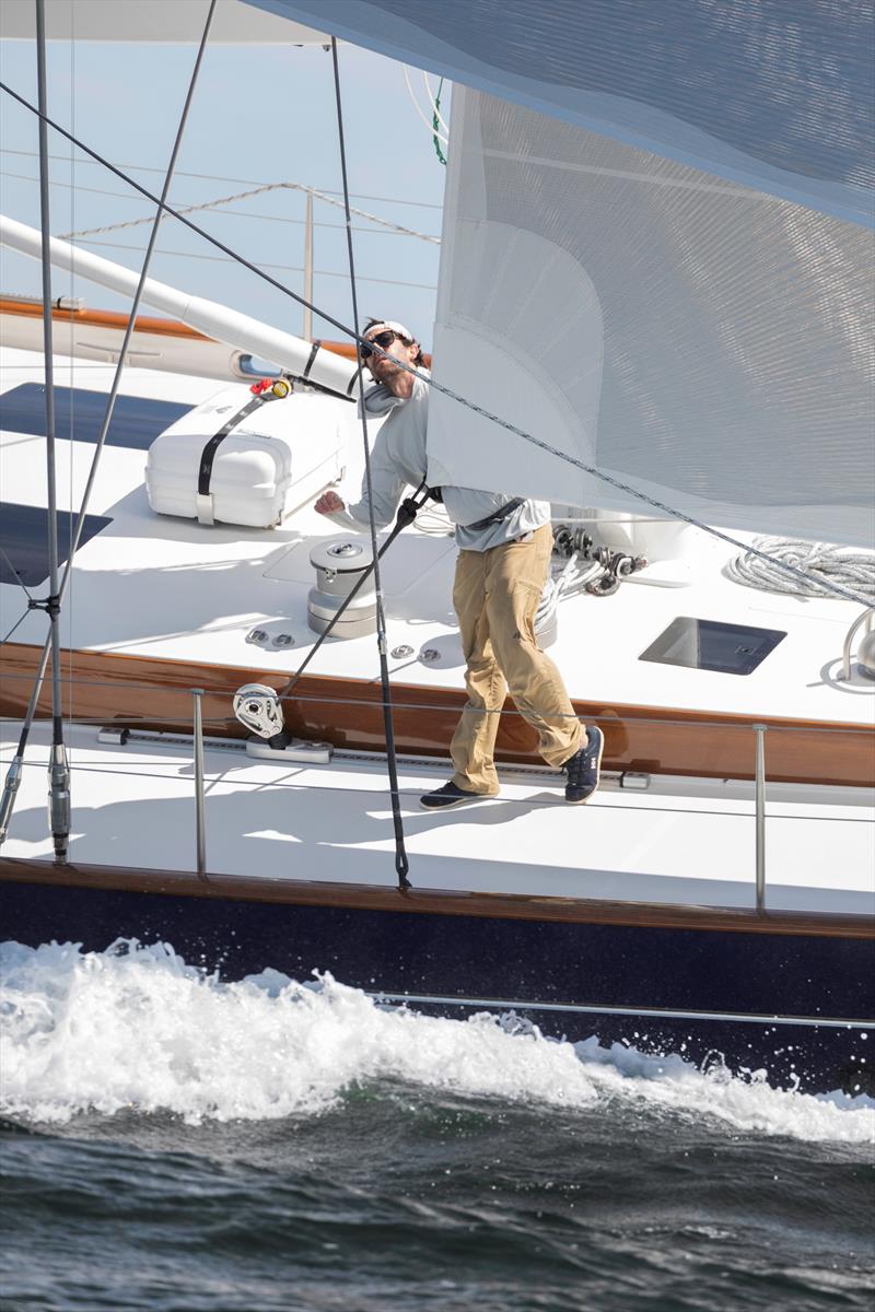 A crewman observes the set of the sails during sea trials on Ouzel photo copyright Billy Black taken at  and featuring the Cruising Yacht class