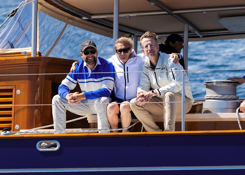 Builder and designers (left to right) Sam Temple, Mark Whiteley, and Tom Degrémont aboard Ouzel during sea trials - photo © Tyler Fields