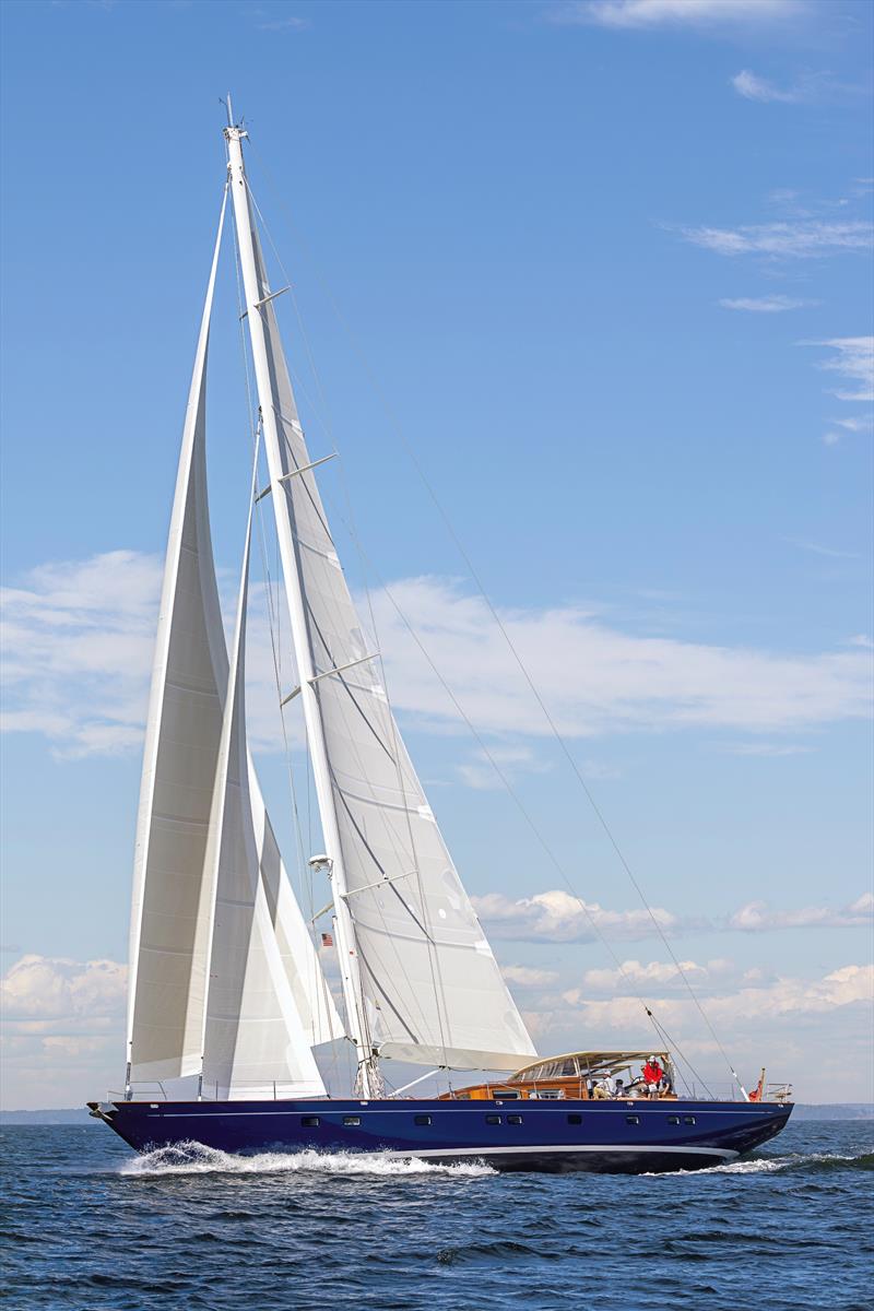 During sailing trials on Penobscot Bay, Ouzel shows off her tall mast and powerful sailplan photo copyright Tyler Fields taken at  and featuring the Cruising Yacht class