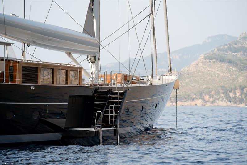 Aquarius II at anchor - The fold-out side boarding platform offers easy access - photo © Royal Huisman