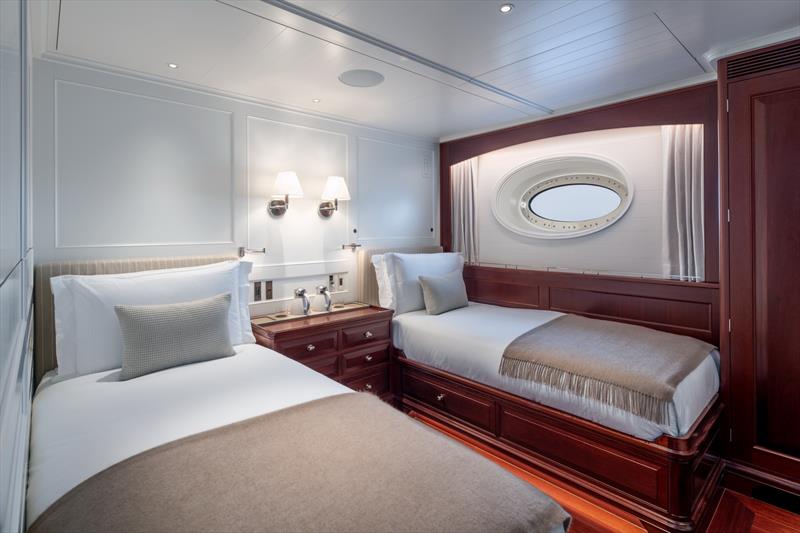 Aquarius II at anchor - the forward starboard guest cabin converts from a twin to sleep four, with a pullman berth and a recessed bed lowered from the ceiling - photo © Royal Huisman