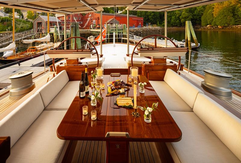 Ouzel's covered cockpit provides a sheltered outdoor entertaining and seating area photo copyright Russell Kaye taken at  and featuring the Cruising Yacht class