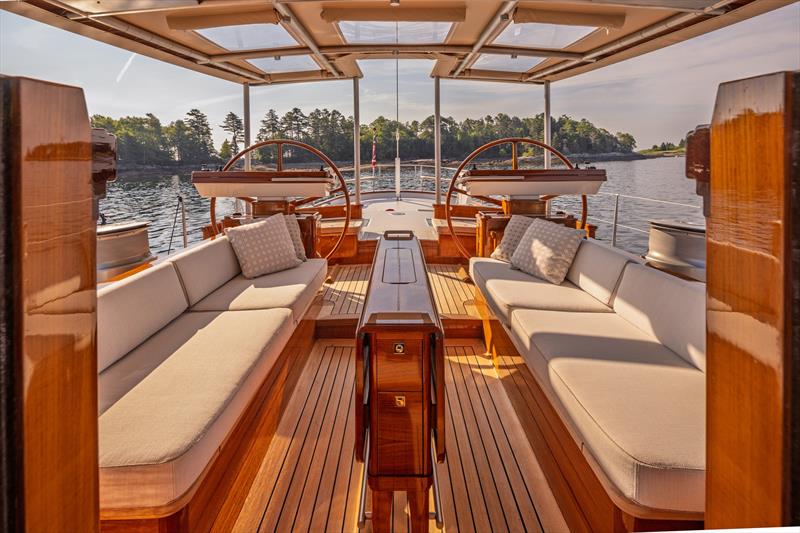 Ouzel, 95ft superyacht - The covered cockpit aboard the 95-foot sailing yacht Ouzel features twin wheels and facing settees photo copyright Russell Kaye taken at  and featuring the Cruising Yacht class