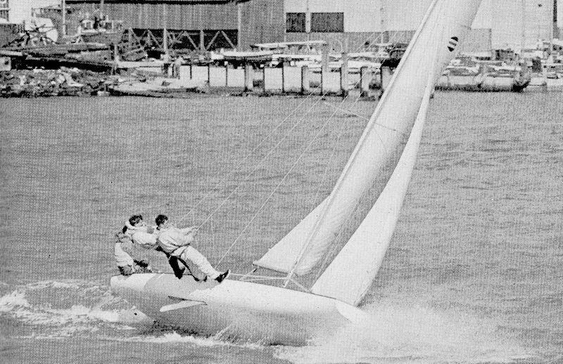 An oft-used but nevertheless iconic picture of the YW Scow. So much innovation, a massive sail area, a three man crew (all of which who could have their weight out beyond the gunwale) and yet the speed advantage never matched the expectations - photo © Rod Macalpine-Downie