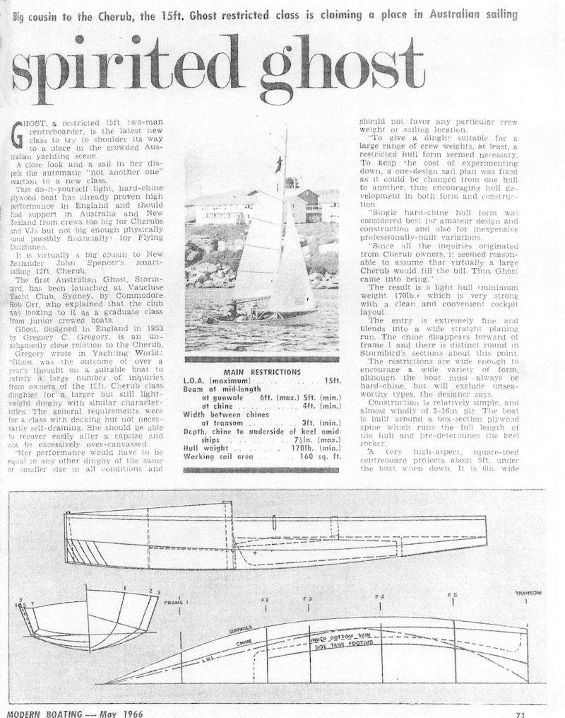 A report in an Australian sailing magazine in May 1966, describing the sighting of Ghost dinghies on Sydney Harbour photo copyright Modern Boating magazine taken at Royal Sydney Yacht Squadron and featuring the Classic & Vintage Dinghy class