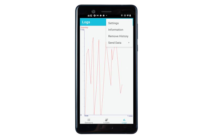 Example data log from a wireless load sensor on Android app - photo © Cyclops Marine