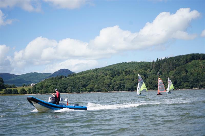 Blue caps, the coached racers behind one of the RIBs very kindly loaned by RYA Scotland - Solway YC Cadet Week - photo © Finlay Train