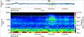 Figure 1. Dolphin clicks recorded from the St. Maarten Heineken Regatta finish boat on the 6th of March 2026, highlighted in yellow. The top frame is a time-series of the acoustic pressure. The very thin lines within the yellow box are dolphin clicks &copy; JASCO Applied Sciences
