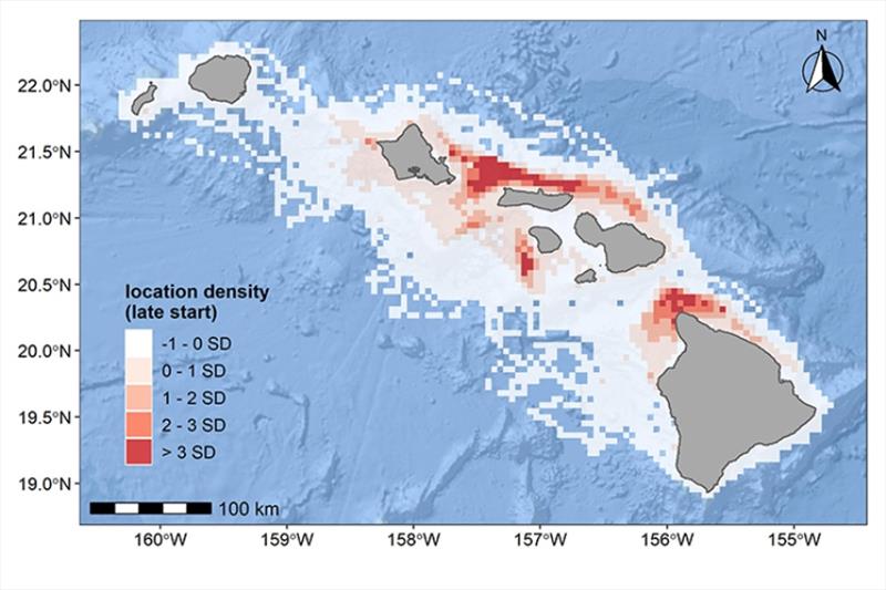 Satellite tag data from 38 individuals between 2007 and 2021 reveal high use areas for the endangered main Hawaiian Islands insular false killer whale population. - photo © Cascadia Research Collective