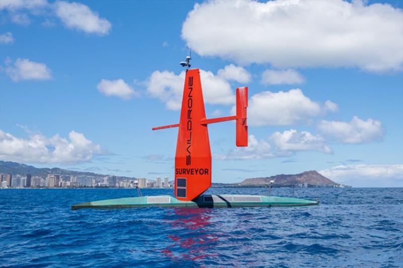 The Saildrone Surveyor approaches Oahu, with Waikiki and Diamond Head in the background, after sailing 2,250 nautical miles across the Pacific Ocean. - photo © Saildrone